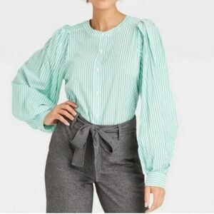A New Day Green and White Striped Balloon Sleeve Button-up Blouse XS